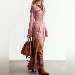 💖 Hello Gorgeous! Suede Fringe Detail Pink Long Sleeve Dress - Dusty Pink